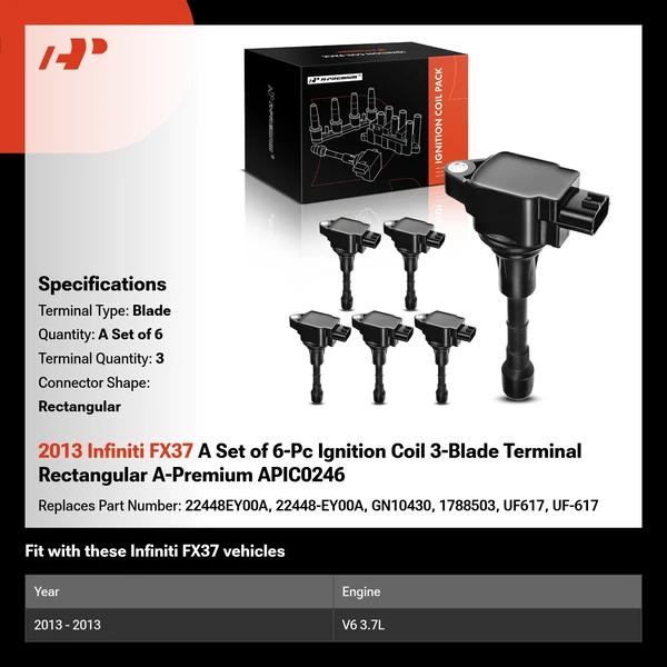 2013 Infiniti FX37 A Set of 6-Pc Ignition Coil 3-Blade Terminal Rectangular A-Premium APIC0246