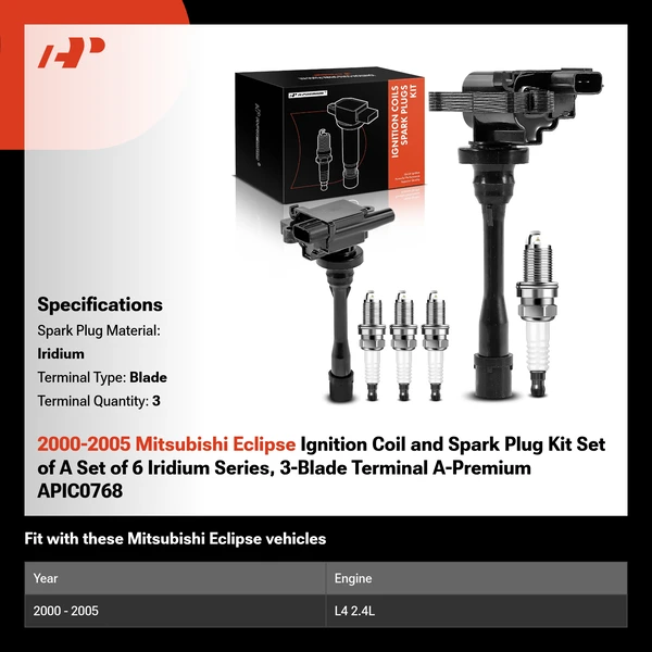 2000-2005 Mitsubishi Eclipse Ignition Coil and Spark Plug Kit Set of A Set of 6 Iridium Series, 3-Blade Terminal A-Premium APIC0768