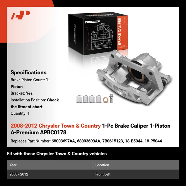 2008-2012 Chrysler Town & Country 1-Pc Brake Caliper 1-Piston A-Premium APBC0178