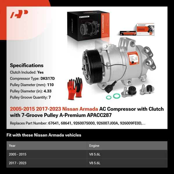 2005-2015 2017-2023 Nissan Armada AC Compressor with Clutch with 7-Groove Pulley A-Premium APACC287
