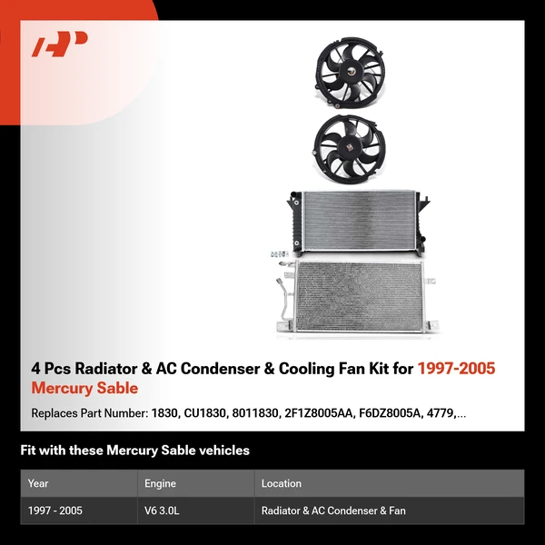 4 Pcs Radiator & AC Condenser & Cooling Fan Kit for 1997-2005 Mercury Sable