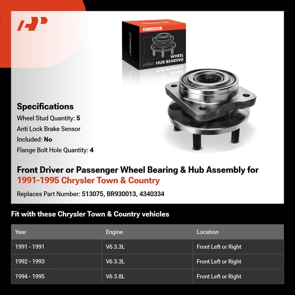 Front Driver or Passenger Wheel Bearing & Hub Assembly for 1991-1995 Chrysler Town & Country