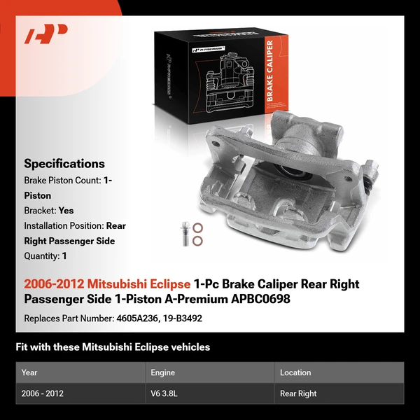 2006-2012 Mitsubishi Eclipse 1-Pc Brake Caliper Rear Right Passenger Side 1-Piston A-Premium APBC0698