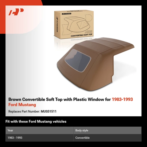 Brown Convertible Soft Top with Plastic Window for 1983-1993 Ford Mustang