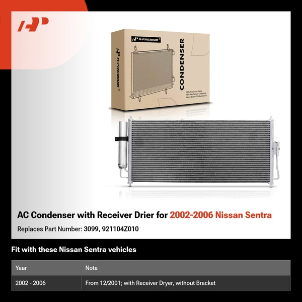 AC Condenser with Receiver Drier for 2002-2006 Nissan Sentra