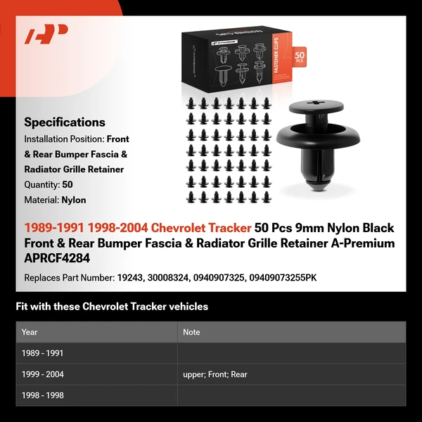 1989-1991 1998-2004 Chevrolet Tracker 50 Pcs 9mm Nylon Black Front & Rear Bumper Fascia & Radiator Grille Retainer A-Premium APRCF4284