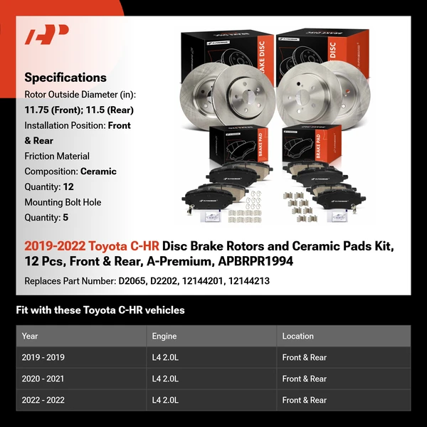 2019-2022 Toyota C-HR Disc Brake Rotors and Ceramic Pads Kit, 12 Pcs, Front & Rear, A-Premium, APBRPR1994