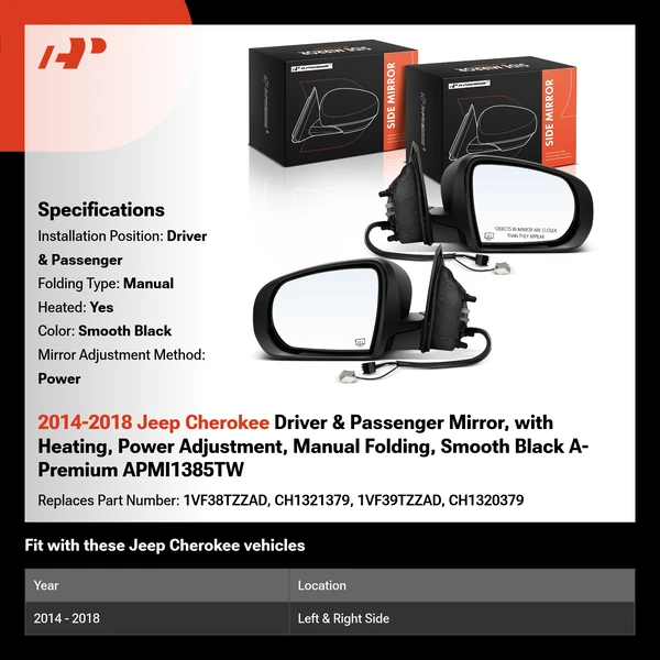2014-2018 Jeep Cherokee Driver & Passenger Mirror, with Heating, Power Adjustment, Manual Folding, Smooth Black A-Premium APMI1385TW