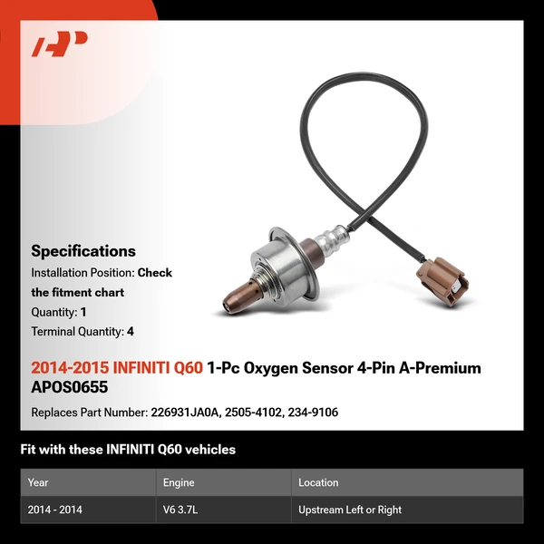 2014-2015 INFINITI Q60 1-Pc Oxygen Sensor 4-Pin A-Premium APOS0655