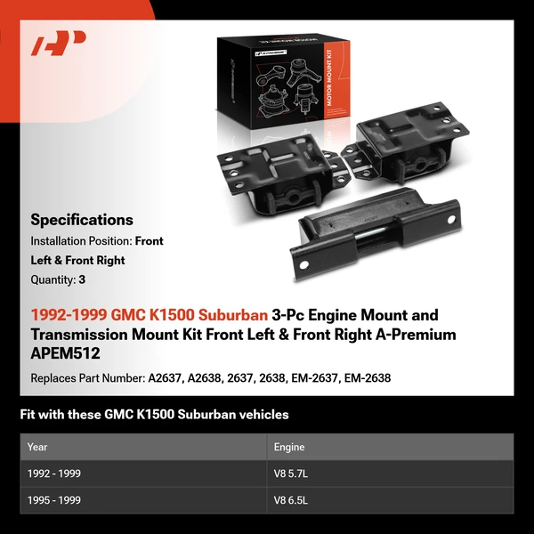 1992-1999 GMC K1500 Suburban 3-Pc Engine Mount and Transmission Mount Kit Front Left & Front Right A-Premium APEM512