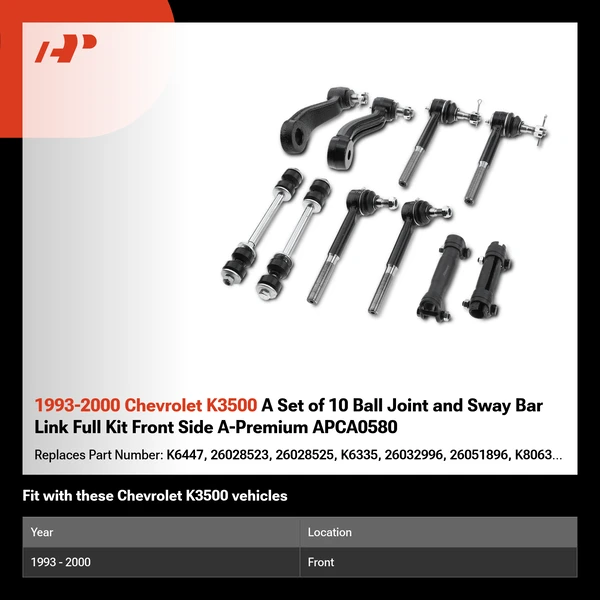 1993-2000 Chevrolet K3500 A Set of 10 Ball Joint and Sway Bar Link Full Kit Front Side A-Premium APCA0580