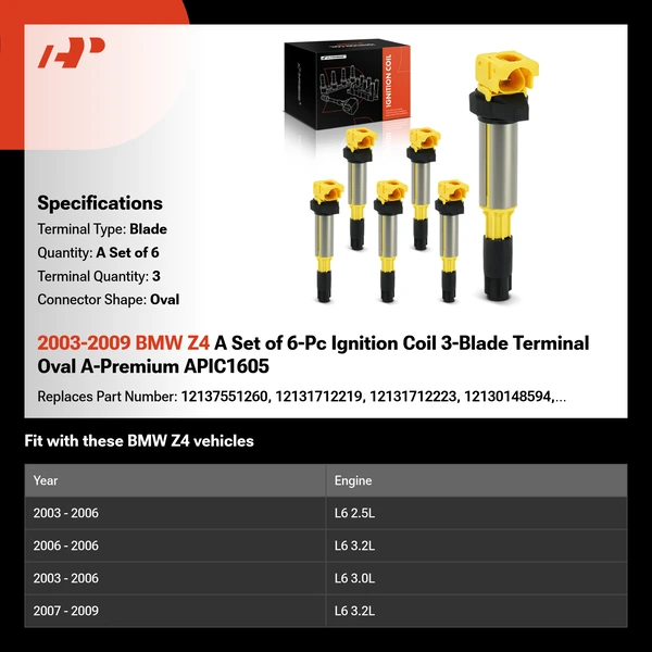 2003-2009 BMW Z4 A Set of 6-Pc Ignition Coil 3-Blade Terminal Oval A-Premium APIC1605