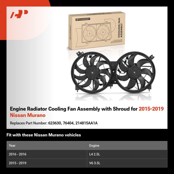 Engine Radiator Cooling Fan Assembly with Shroud for 2015-2019 Nissan Murano