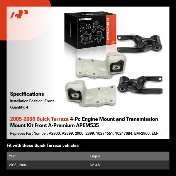 2005-2006 Buick Terraza 4-Pc Engine Mount and Transmission Mount Kit Front A-Premium APEM535