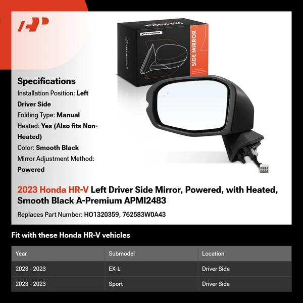 2023 Honda HR-V Left Driver Side Mirror, Powered, with Heated, Smooth Black A-Premium APMI2483