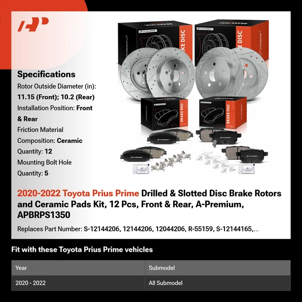 2020-2022 Toyota Prius Prime Drilled & Slotted Disc Brake Rotors and Ceramic Pads Kit, 12 Pcs, Front & Rear, A-Premium, APBRPS1350