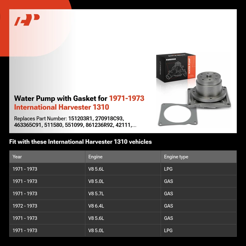 Water Pump with Gasket for 1971-1973 International Harvester 1310