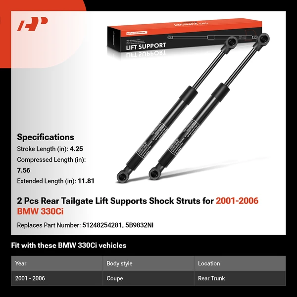 2 Pcs Rear Tailgate Lift Supports Shock Struts for 2001-2006 BMW 330Ci