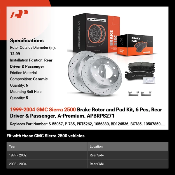 1999-2004 GMC Sierra 2500 Brake Rotor and Pad Kit, 6 Pcs, Rear Driver & Passenger, A-Premium, APBRPS271
