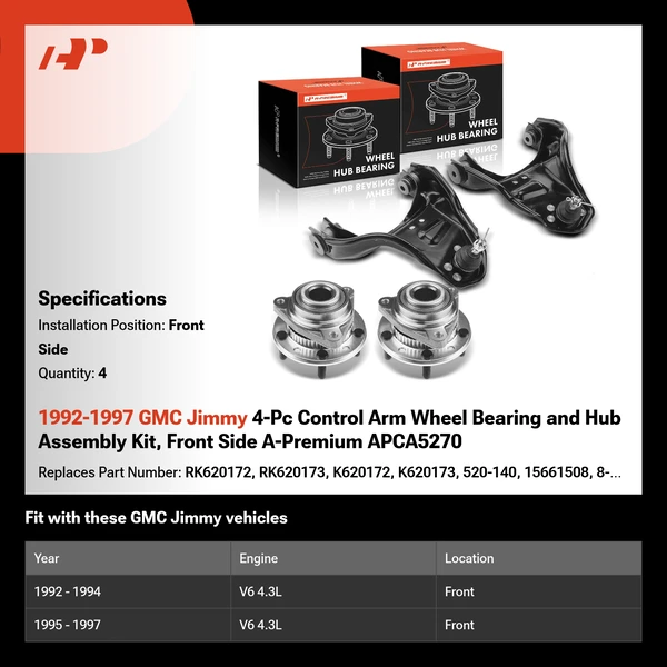 1992-1997 GMC Jimmy 4-Pc Control Arm Wheel Bearing and Hub Assembly Kit, Front Side A-Premium APCA5270