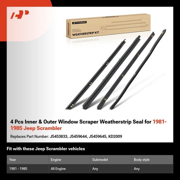 4 Pcs Inner & Outer Window Scraper Weatherstrip Seal for 1981-1985 Jeep Scrambler