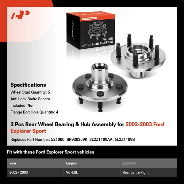 2 Pcs Rear Wheel Bearing & Hub Assembly for 2002-2003 Ford Explorer Sport