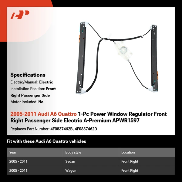 2005-2011 Audi A6 Quattro 1-Pc Power Window Regulator Front Right Passenger Side Electric A-Premium APWR1597