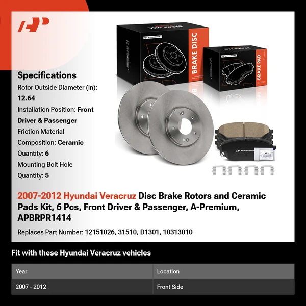 2007-2012 Hyundai Veracruz Disc Brake Rotors and Ceramic Pads Kit, 6 Pcs, Front Driver & Passenger, A-Premium, APBRPR1414