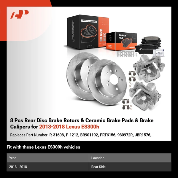 8 Pcs Rear Disc Brake Rotors & Ceramic Brake Pads & Brake Calipers for 2013-2018 Lexus ES300h