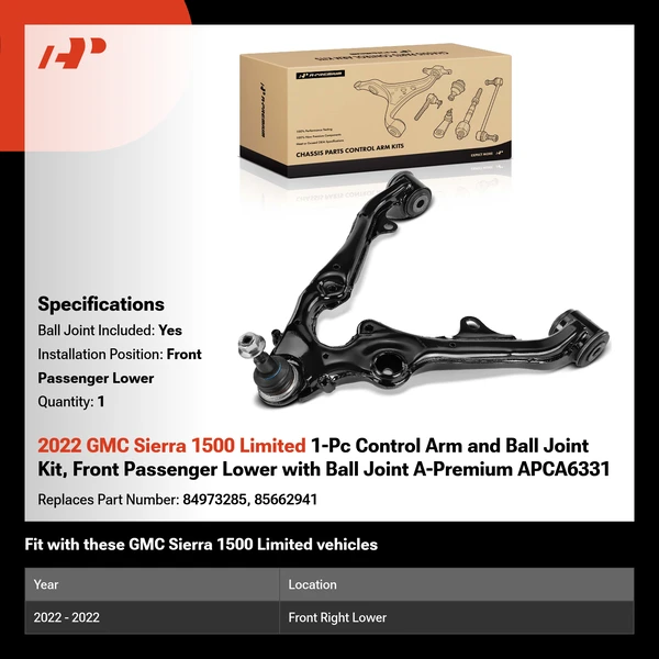 2022 GMC Sierra 1500 Limited 1-Pc Control Arm and Ball Joint Kit, Front Passenger Lower with Ball Joint A-Premium APCA6331