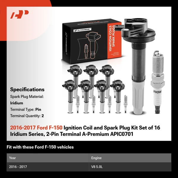 2016-2017 Ford F-150 Ignition Coil and Spark Plug Kit Set of 16 Iridium Series, 2-Pin Terminal A-Premium APIC0701