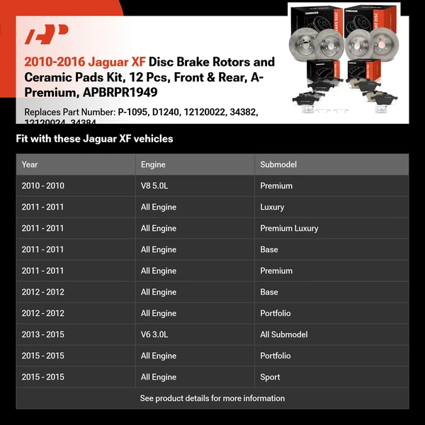 2010-2016 Jaguar XF Disc Brake Rotors and Ceramic Pads Kit, 12 Pcs, Front & Rear, A-Premium, APBRPR1949