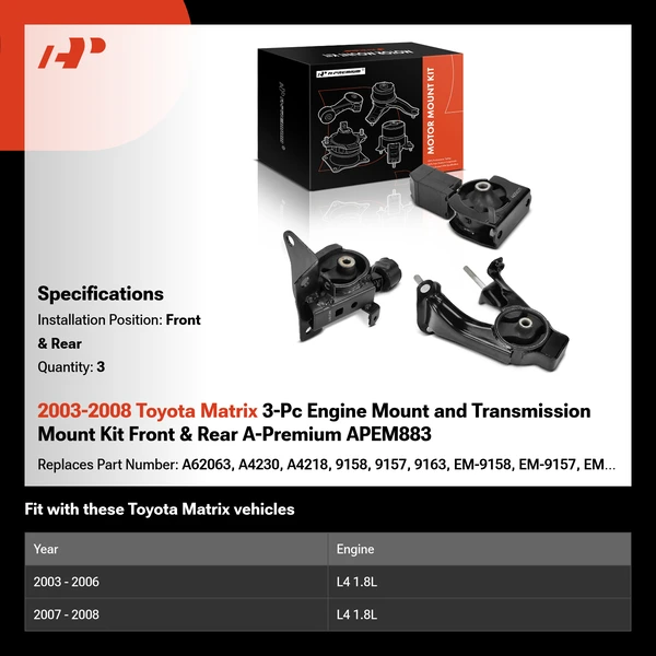 2003-2008 Toyota Matrix 3-Pc Engine Mount and Transmission Mount Kit Front & Rear A-Premium APEM883