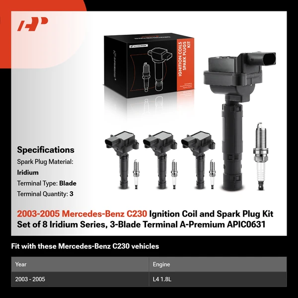 2003-2005 Mercedes-Benz C230 Ignition Coil and Spark Plug Kit Set of 8 Iridium Series, 3-Blade Terminal A-Premium APIC0631