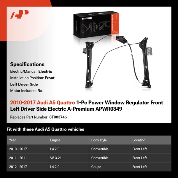2010-2017 Audi A5 Quattro 1-Pc Power Window Regulator Front Left Driver Side Electric A-Premium APWR0349