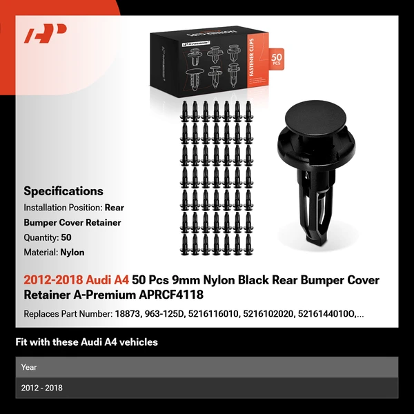 2012-2018 Audi A4 50 Pcs 9mm Nylon Black Rear Bumper Cover Retainer A-Premium APRCF4118