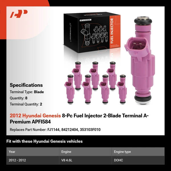 2012 Hyundai Genesis 8-Pc Fuel Injector 2-Blade Terminal A-Premium APFI584