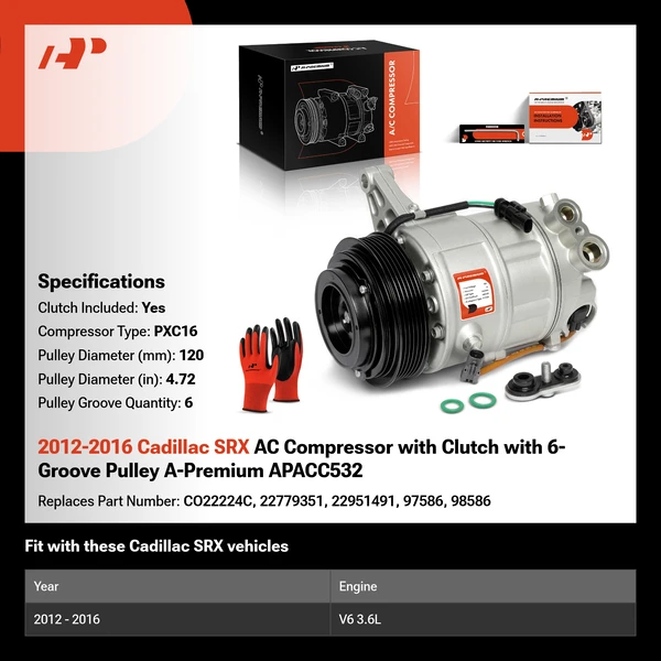 2012-2016 Cadillac SRX AC Compressor with Clutch with 6-Groove Pulley A-Premium APACC532