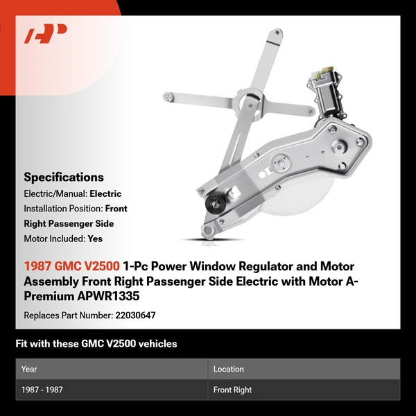 1987 GMC V2500 1-Pc Power Window Regulator and Motor Assembly Front Right Passenger Side Electric with Motor A-Premium APWR1335