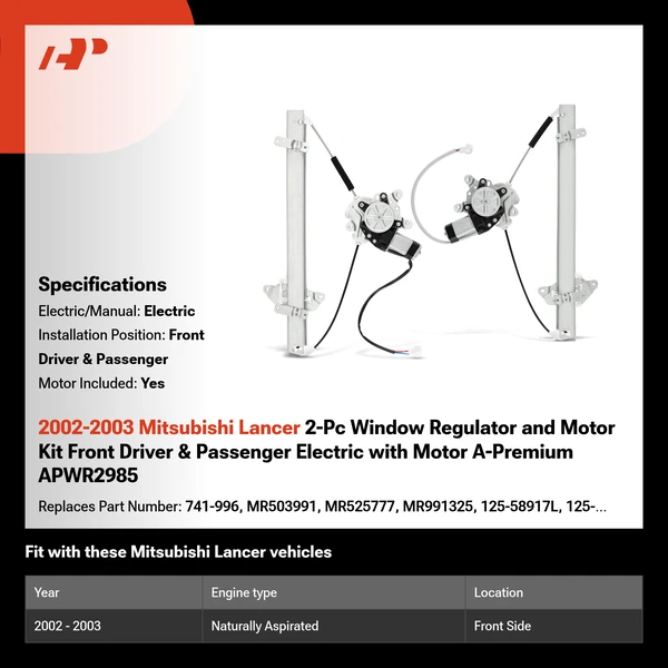 2002-2003 Mitsubishi Lancer 2-Pc Window Regulator and Motor Kit Front Driver & Passenger Electric with Motor A-Premium APWR2985