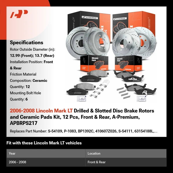 2006-2008 Lincoln Mark LT Drilled & Slotted Disc Brake Rotors and Ceramic Pads Kit, 12 Pcs, Front & Rear, A-Premium, APBRPS217