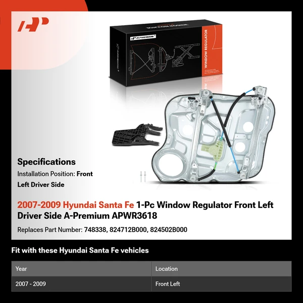 2007-2009 Hyundai Santa Fe 1-Pc Window Regulator Front Left Driver Side A-Premium APWR3618