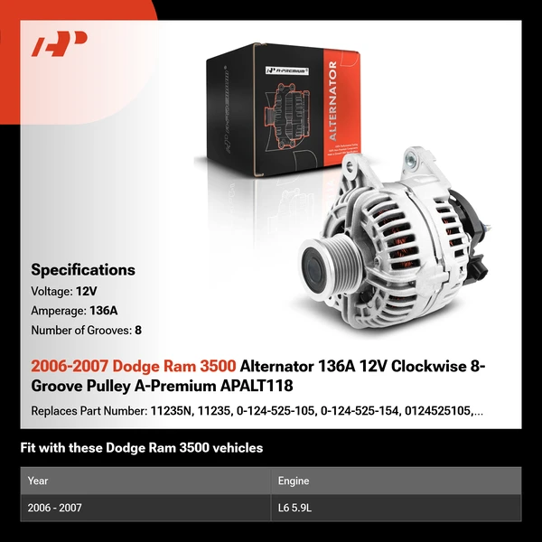2006-2007 Dodge Ram 3500 Alternator 136A 12V Clockwise 8-Groove Pulley A-Premium APALT118