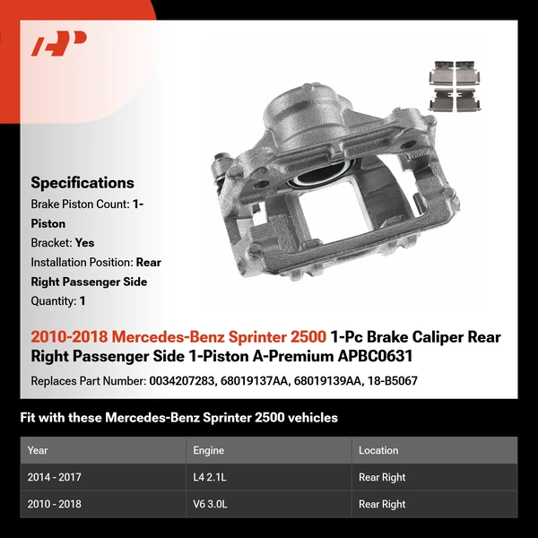 2010-2018 Mercedes-Benz Sprinter 2500 1-Pc Brake Caliper Rear Right Passenger Side 1-Piston A-Premium APBC0631