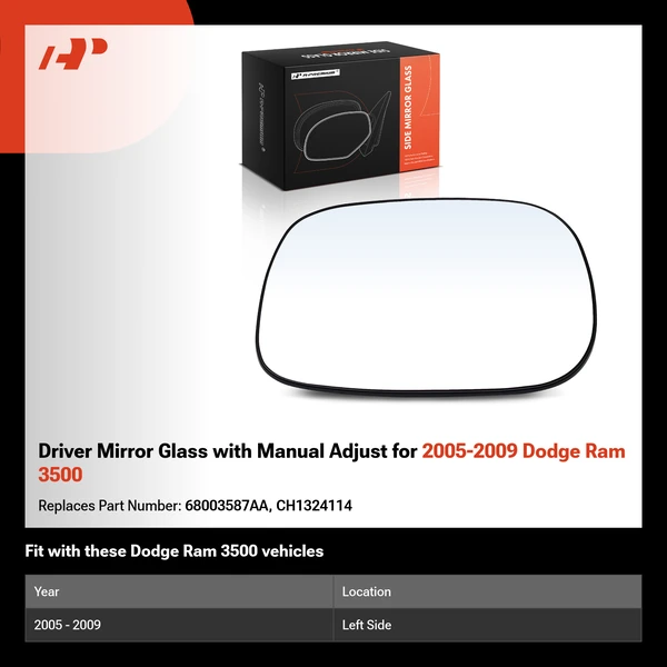 Driver Mirror Glass with Manual Adjust for 2005-2009 Dodge Ram 3500