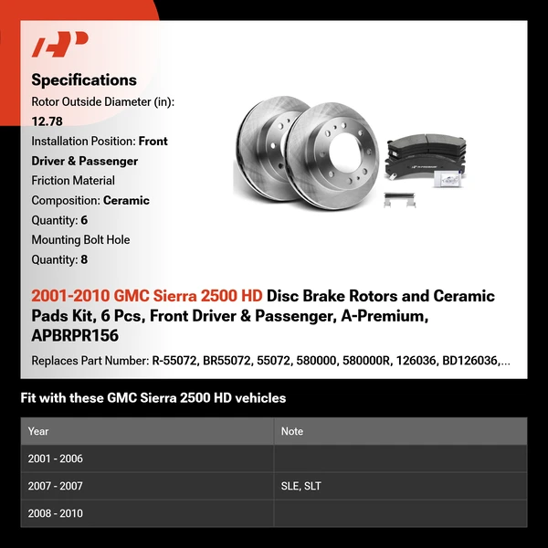 2001-2010 GMC Sierra 2500 HD Disc Brake Rotors and Ceramic Pads Kit, 6 Pcs, Front Driver & Passenger, A-Premium, APBRPR156