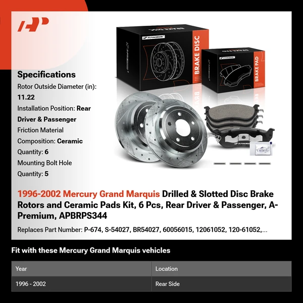 1996-2002 Mercury Grand Marquis Drilled & Slotted Disc Brake Rotors and Ceramic Pads Kit, 6 Pcs, Rear Driver & Passenger, A-Premium, APBRPS344