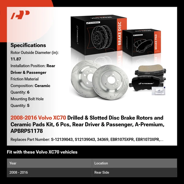 2008-2016 Volvo XC70 Drilled & Slotted Disc Brake Rotors and Ceramic Pads Kit, 6 Pcs, Rear Driver & Passenger, A-Premium, APBRPS1178