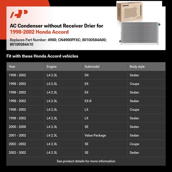 AC Condenser without Receiver Drier for 1998-2002 Honda Accord
