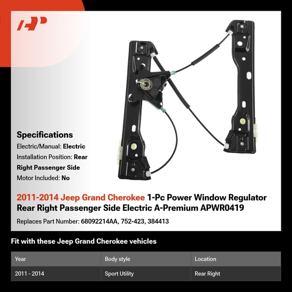2011-2014 Jeep Grand Cherokee 1-Pc Power Window Regulator Rear Right Passenger Side Electric A-Premium APWR0419